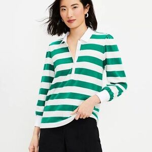 Ann Taylor LOFT | Women’s Green/White Striped 3/4 Puff Sleeve Rugby Top Size M